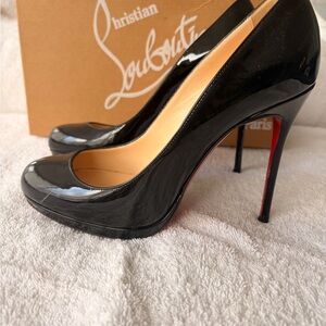 Christian Louboutin Black Patent Filo Heels with Red Soles. 120